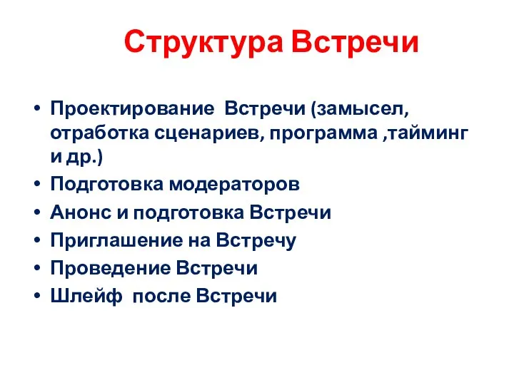 Структура Встречи Проектирование Встречи (замысел, отработка сценариев, программа ,тайминг и др.)