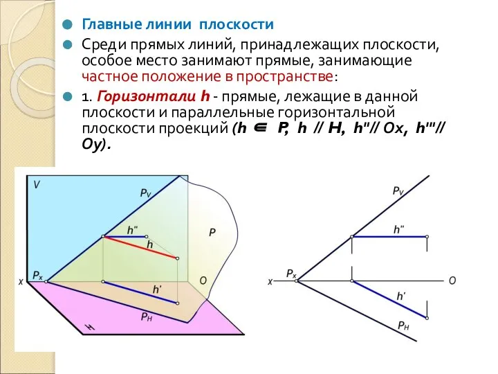 Главные линии плоскости Среди прямых линий, принадлежащих плоскости, особое место занимают