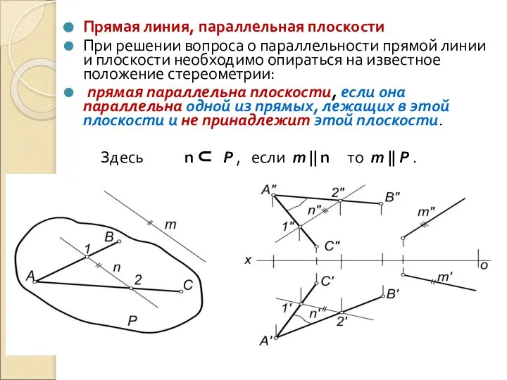 Прямая линия, параллельная плоскости При решении вопроса о параллельности прямой линии