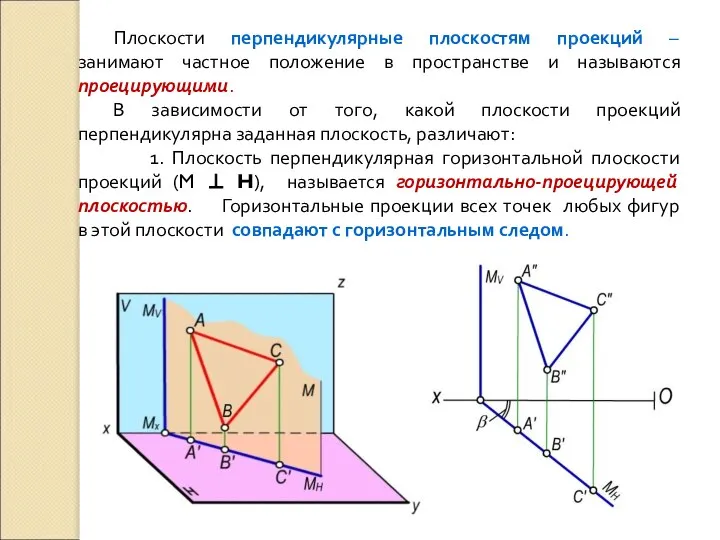 Плоскости перпендикулярные плоскостям проекций – занимают частное положение в пространстве и