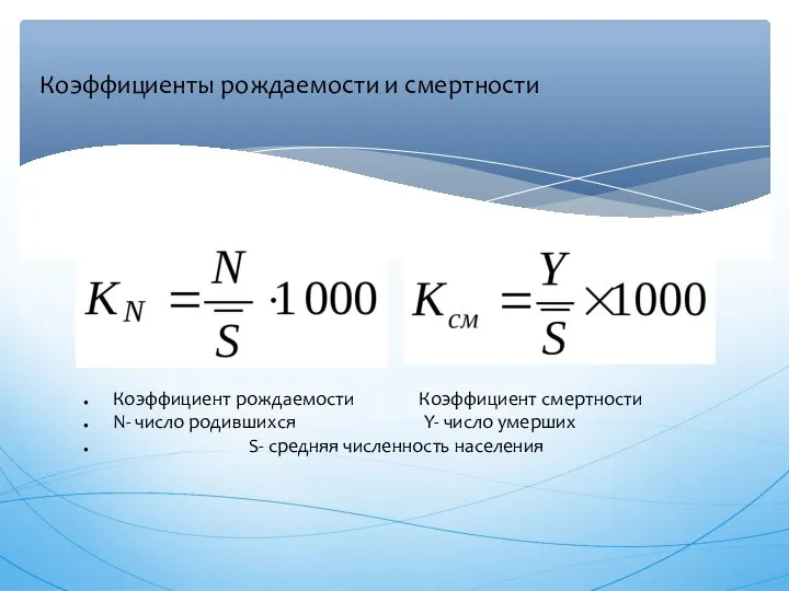 Коэффициенты рождаемости и смертности Коэффициент рождаемости Коэффициент смертности N- число родившихся