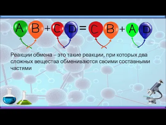 Реакции обмена – это такие реакции, при которых два сложных вещества обмениваются своими составными частями