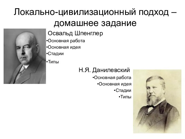 Освальд Шпенглер Основная работа Основная идея Стадии Типы Н.Я. Данилевский Основная