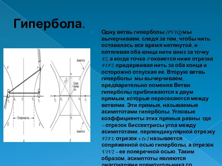 Гипербола. Одну ветвь гиперболы (PV1Q) мы вычерчиваем, следя за тем, чтобы