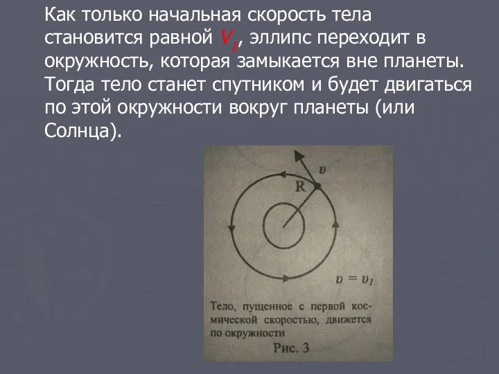 Как только начальная скорость тела становится равной V1, эллипс переходит в