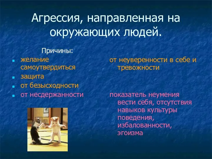 Агрессия, направленная на окружающих людей. Причины: желание самоутвердиться защита от безысходности