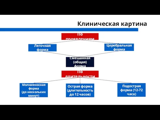 Клиническая картина По проявлениям Легочная форма Церебральная форма Смешанная (общая) форма