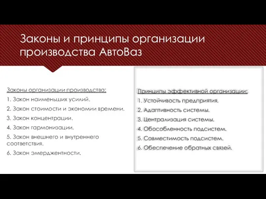 Законы и принципы организации производства АвтоВаз Принципы эффективной организации: 1. Устойчивость