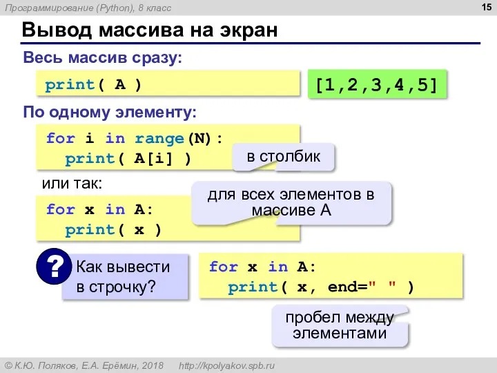 Вывод массива на экран for i in range(N): print( A[i] )