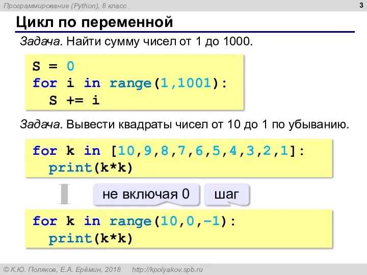 Цикл по переменной Задача. Найти сумму чисел от 1 до 1000.