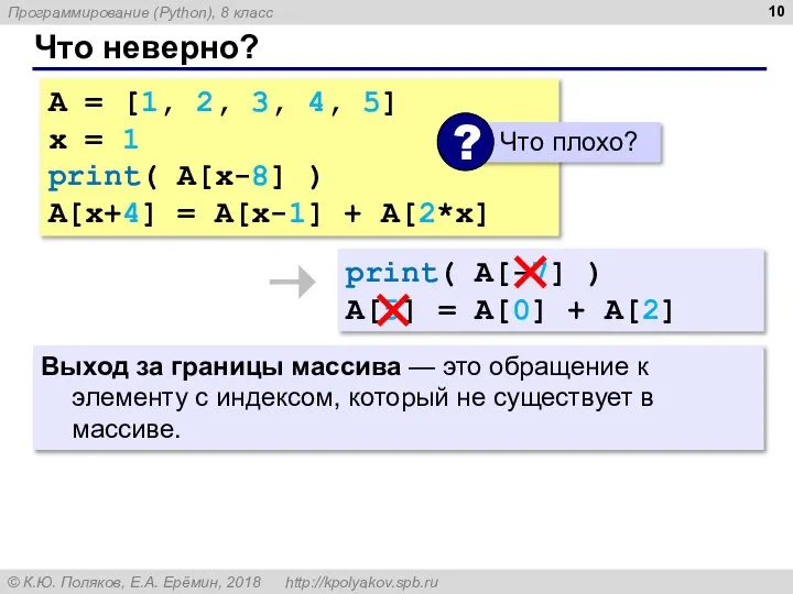 Что неверно? A = [1, 2, 3, 4, 5] x =