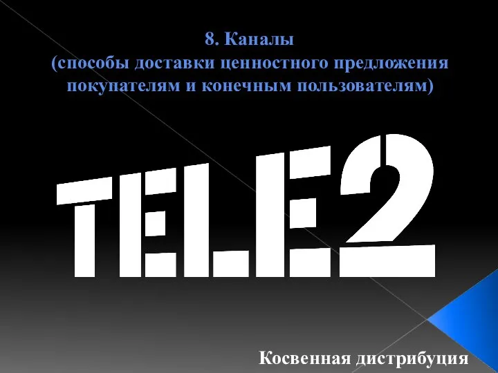 8. Каналы (способы доставки ценностного предложения покупателям и конечным пользователям) Косвенная дистрибуция