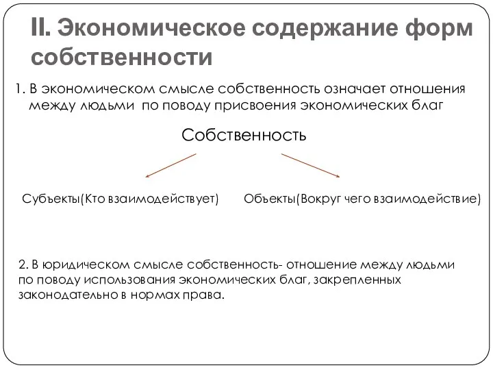 II. Экономическое содержание форм собственности 1. В экономическом смысле собственность означает