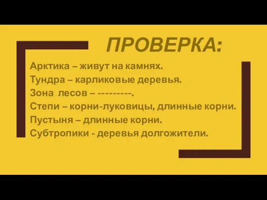 ПРОВЕРКА: Арктика – живут на камнях. Тундра – карликовые деревья. Зона