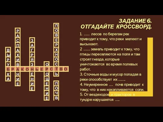 ЗАДАНИЕ 6. ОТГАДАЙТЕ КРОССВОРД. 1. …… лесов по берегам рек приводит