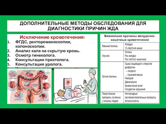 ДОПОЛНИТЕЛЬНЫЕ МЕТОДЫ ОБСЛЕДОВАНИЯ ДЛЯ ДИАГНОСТИКИ ПРИЧИН ЖДА Исключение кровотечения: ФГДС, ректороманоскопия,