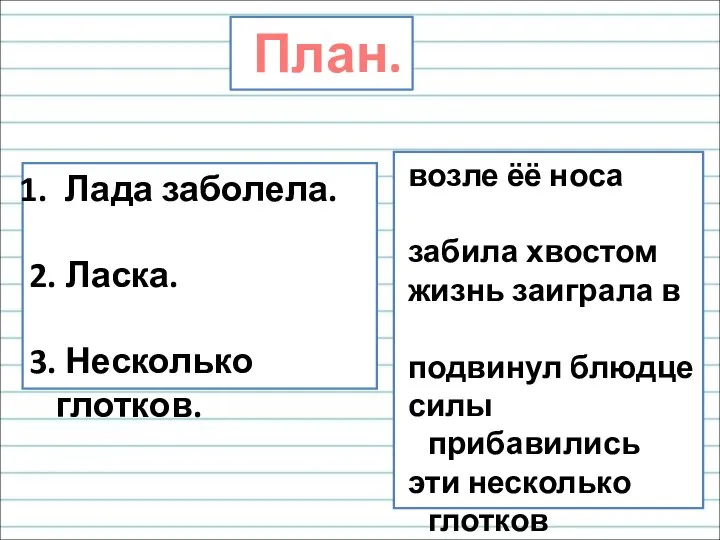 План. Лада заболела. 2. Ласка. 3. Несколько глотков. возле ёё носа