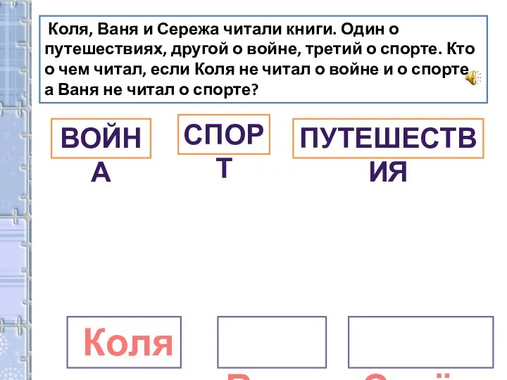 Коля, Ваня и Сережа читали книги. Один о путешествиях, другой о