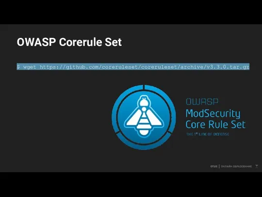 OWASP Corerule Set $ wget https://github.com/coreruleset/coreruleset/archive/v3.3.0.tar.gz