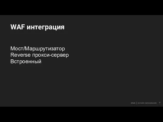 WAF интеграция Мост/Маршрутизатор Reverse прокси-сервер Встроенный