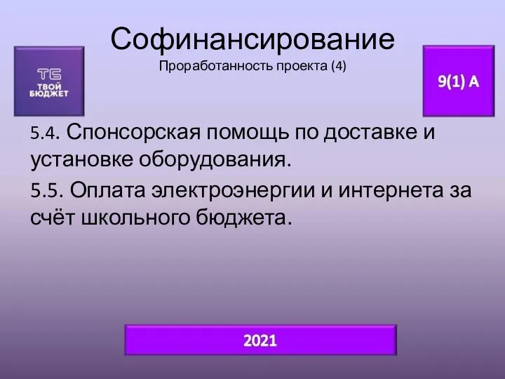 Софинансирование Проработанность проекта (4) 5.4. Спонсорская помощь по доставке и установке