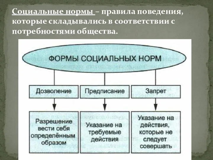 Социальные нормы – правила поведения, которые складывались в соответствии с потребностями общества.