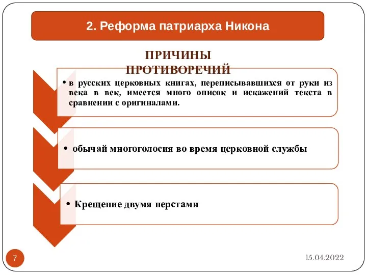 15.04.2022 2. Реформа патриарха Никона ПРИЧИНЫ ПРОТИВОРЕЧИЙ