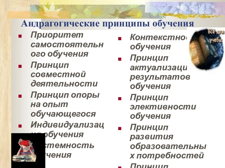 Андрагогические принципы обучения Приоритет самостоятельного обучения Принцип совместной деятельности Принцип опоры