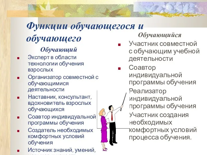 Функции обучающегося и обучающего Обучающий Эксперт в области технологии обучения взрослых