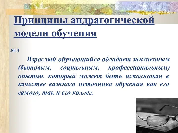 Принципы андрагогической модели обучения № 3 Взрослый обучающийся обладает жизненным (бытовым,