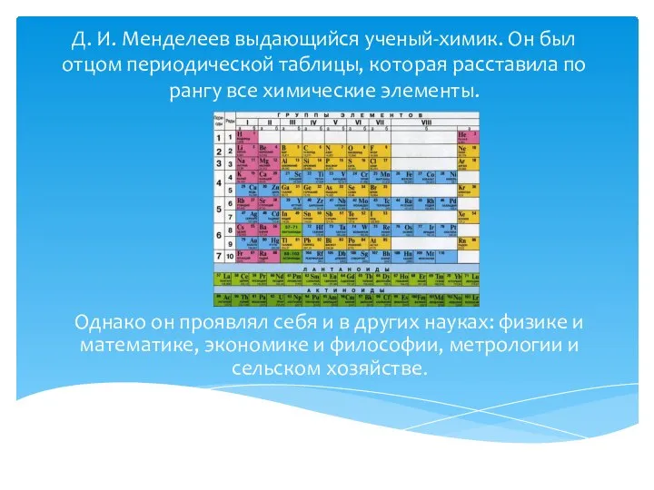 Д. И. Менделеев выдающийся ученый-химик. Он был отцом периодической таблицы, которая