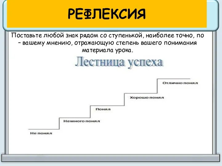 РЕФЛЕКСИЯ Поставьте любой знак рядом со ступенькой, наиболее точно, по –