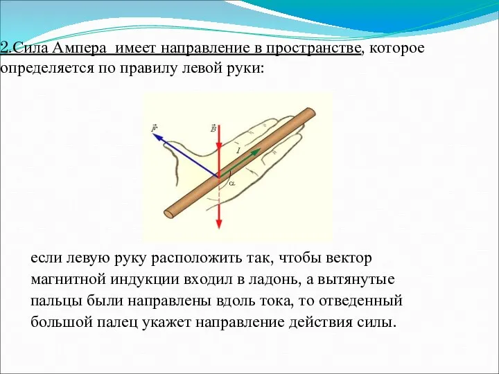 2.Сила Ампера имеет направление в пространстве, которое определяется по правилу левой