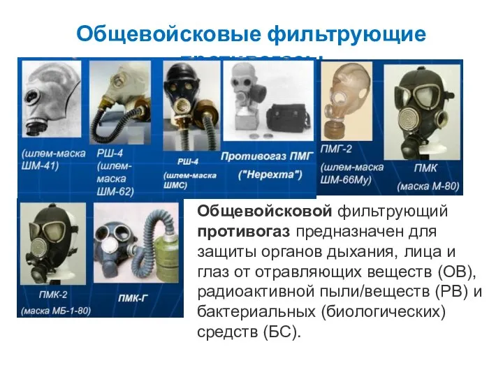 Общевойсковые фильтрующие противогазы Общевойсковой фильтрующий противогаз предназначен для защиты органов дыхания,