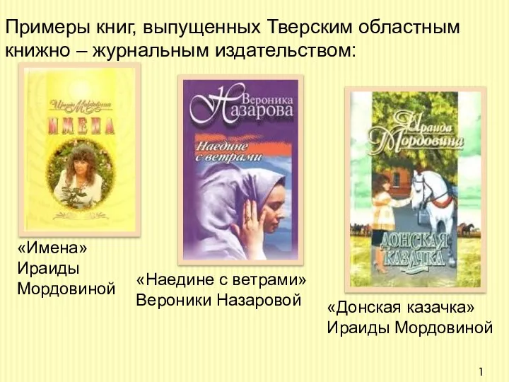 Примеры книг, выпущенных Тверским областным книжно – журнальным издательством: «Имена» Ираиды