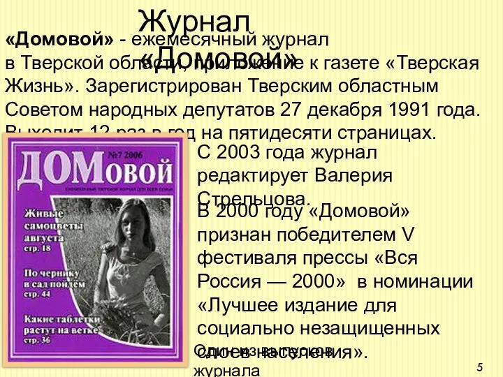 Журнал «Домовой» «Домовой» - ежемесячный журнал в Тверской области, приложение к