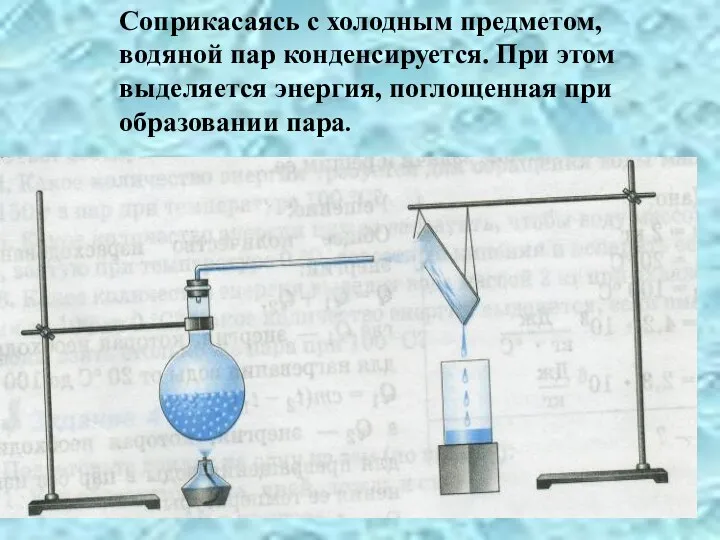 Соприкасаясь с холодным предметом, водяной пар конденсируется. При этом выделяется энергия, поглощенная при образовании пара.