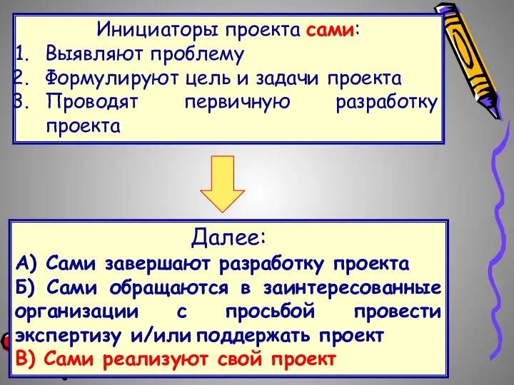 Инициаторы проекта сами: Выявляют проблему Формулируют цель и задачи проекта Проводят