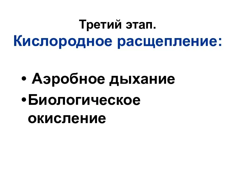 Третий этап. Кислородное расщепление: Аэробное дыхание Биологическое окисление