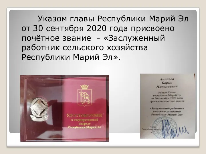 Указом главы Республики Марий Эл от 30 сентября 2020 года присвоено