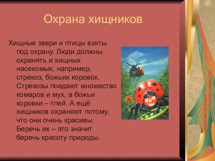 Охрана хищников Хищные звери и птицы взяты под охрану. Люди должны