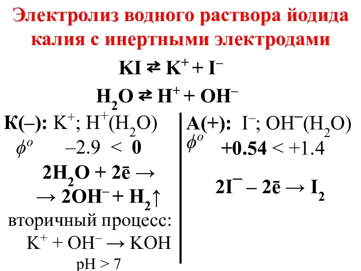 Электролиз водного раствора йодида калия с инертными электродами KI ⇄ K+