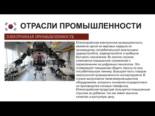 ЭЛЕКТРОННАЯ ПРОМЫШЛЕННОСТЬ Южнокорейская электронная промышленность является одной из мировых лидеров по