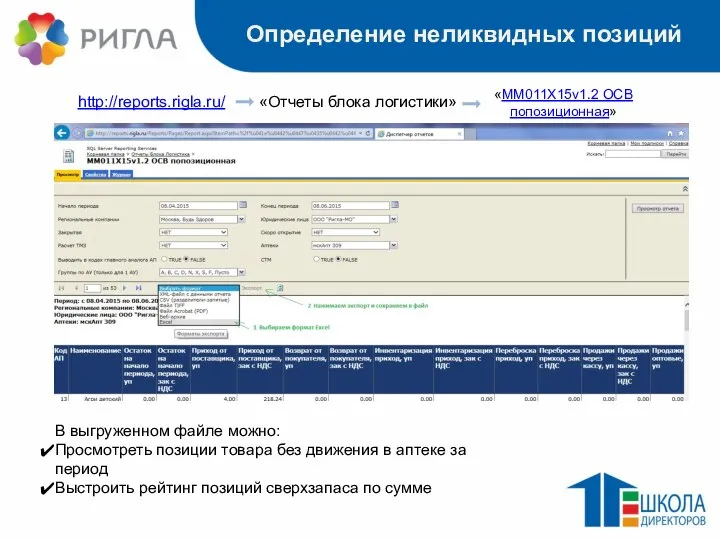 Определение неликвидных позиций http://reports.rigla.ru/ «Отчеты блока логистики» «MM011X15v1.2 ОСВ попозиционная» В