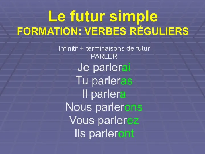 Le futur simple FORMATION: VERBES RÉGULIERS Infinitif + terminaisons de futur