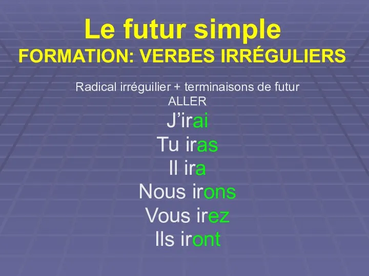 Le futur simple FORMATION: VERBES IRRÉGULIERS Radical irréguilier + terminaisons de
