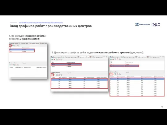 Ввод графиков работ производственных центров 18 1. Во вкладке «Графики работы»