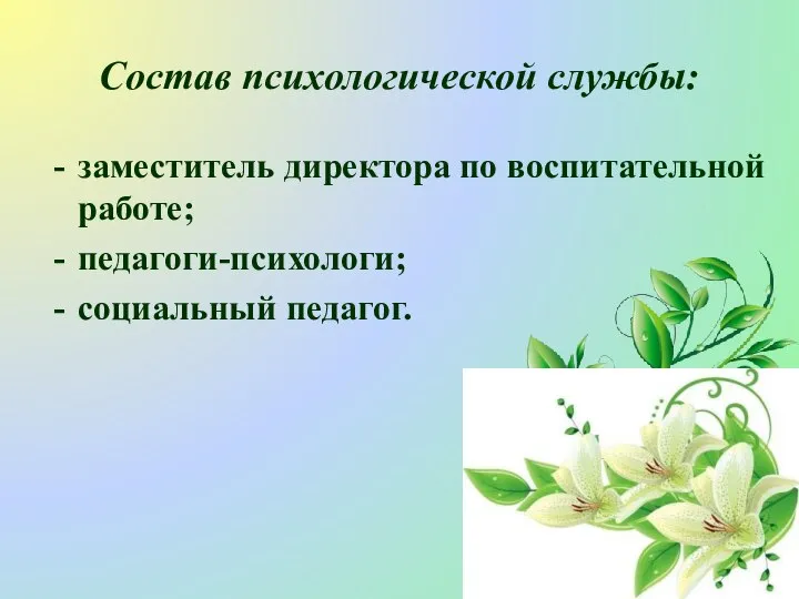 Состав психологической службы: заместитель директора по воспитательной работе; педагоги-психологи; социальный педагог.