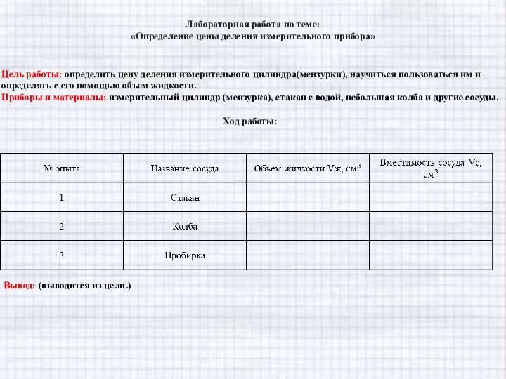 Лабораторная работа по теме: «Определение цены деления измерительного прибора» Цель работы: