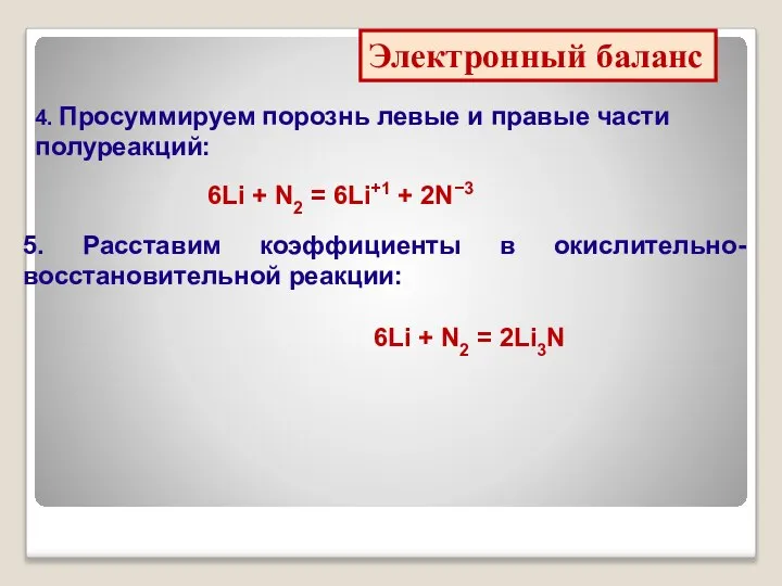 Электронный баланс 4. Просуммируем порознь левые и правые части полуреакций: 6Li